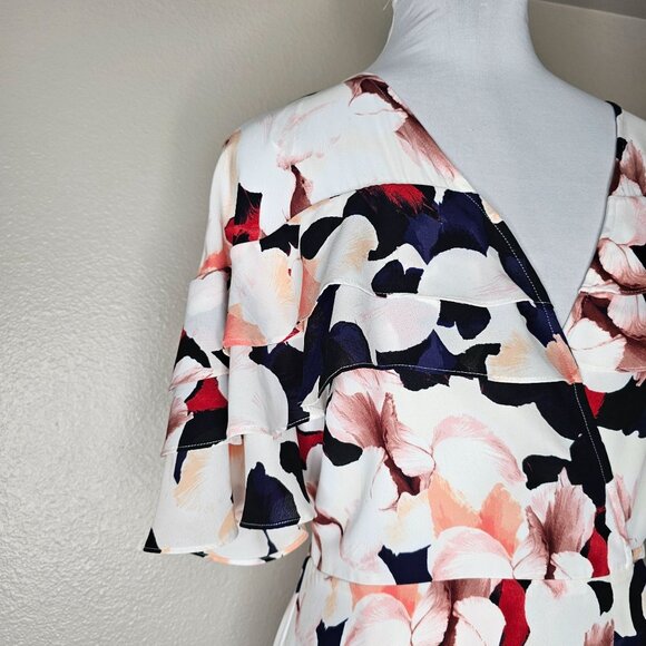 1 State M Multicolor Floral Wrap Dress Midi Wedding Event Office Church Ruffle - Picture 2 of 6